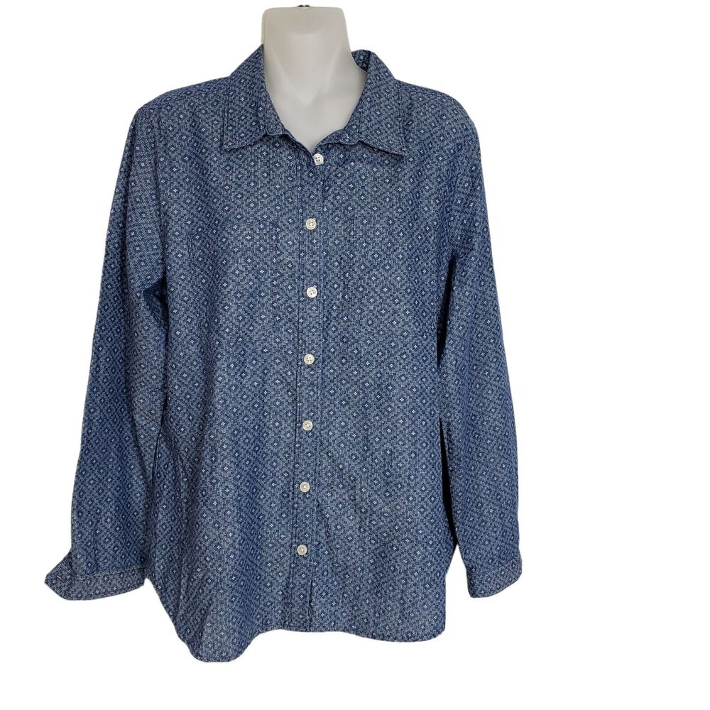 Ann Taylor LOFT Petites Womens Size LP Blue Diamond Button Pockets Long Sleeve